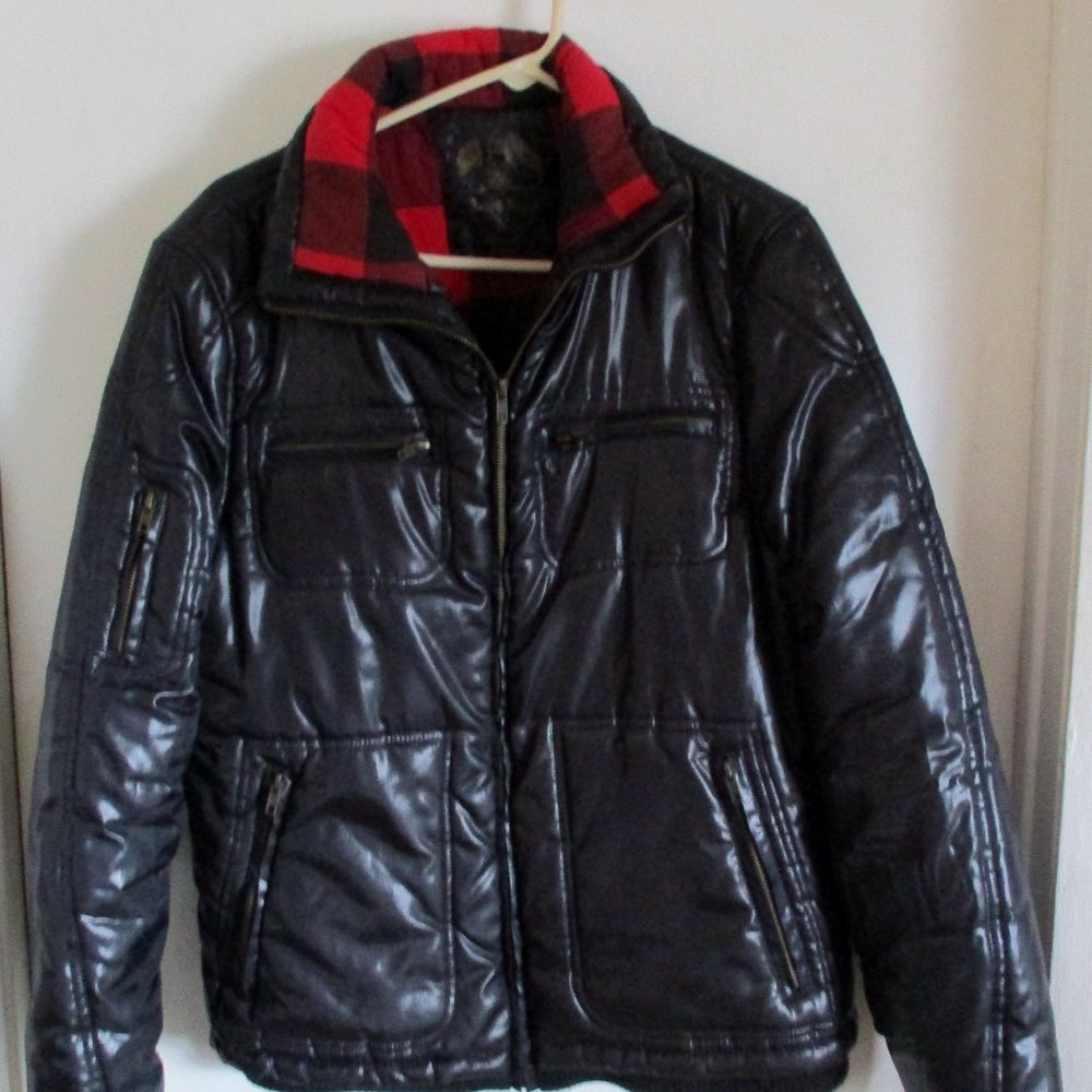 Men's Seven Souls Black Quilted Puff Coat with Red